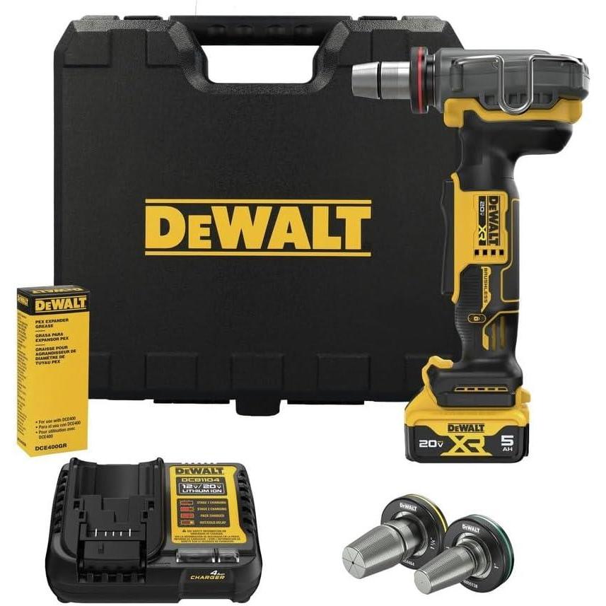 imageDEWALT 20V MAX XR PEX Expander Tool Kit with 1 114 and 112 Expansion Heads Battery and Charger Included DCE410P1Kit with Battery