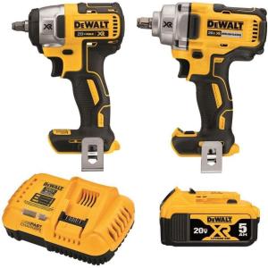 DEWALT 20V MAX Impact Wrench, Cordless 2-Tool Combo Kit, 1/2-Inch Mid-Range and 3/8-inch Compact with 5ah Battery and Charger (DCK205P1)(Impact Wrench Combo Kit)