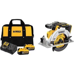 DEWALT 20V MAX Battery Starter Kit with 2 Batteries, 5.0Ah (DCB205-2CK) 20V MAX* Circular Saw, 6-1/2-Inch, Cordless, Tool Only (DCS565B)