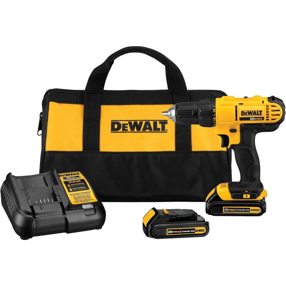 imageDEWALT 20V Max Cordless Drill Driver Set 2 Speed High Performance Motor Includes 2 XR 13Ah LiIon Batteries Charger and Contractor Bag DCD771C2Compact DrillDriver