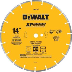 DEWALT 14 in Circular Saw Blade, Dry Wet, Segmented Rim Diamond Blade, 1 in Arbor Size, Extended Performance (DWA47421) (DWA47421)