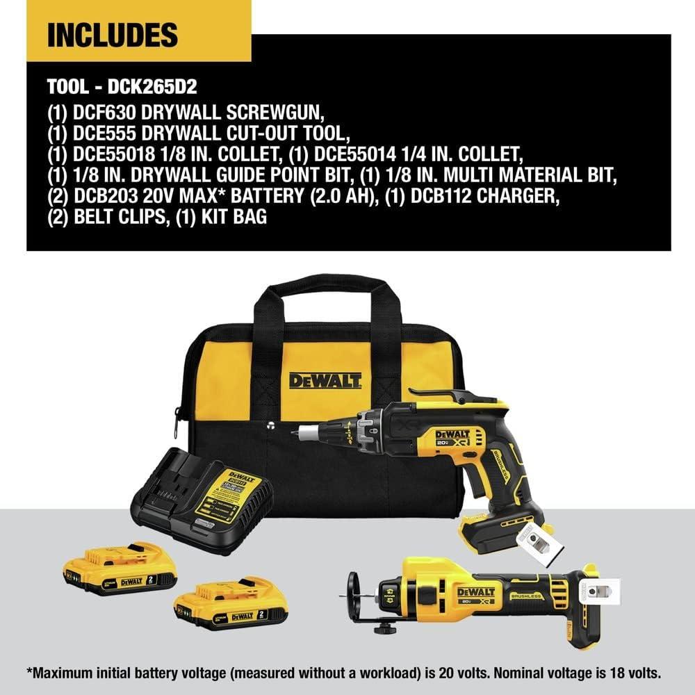 imageDEWALT 20V MAX XR Brushless Drywall Screw Gun and CutOut Tool Combo Kit with 2 Batteries and Charger Included DCK265D2