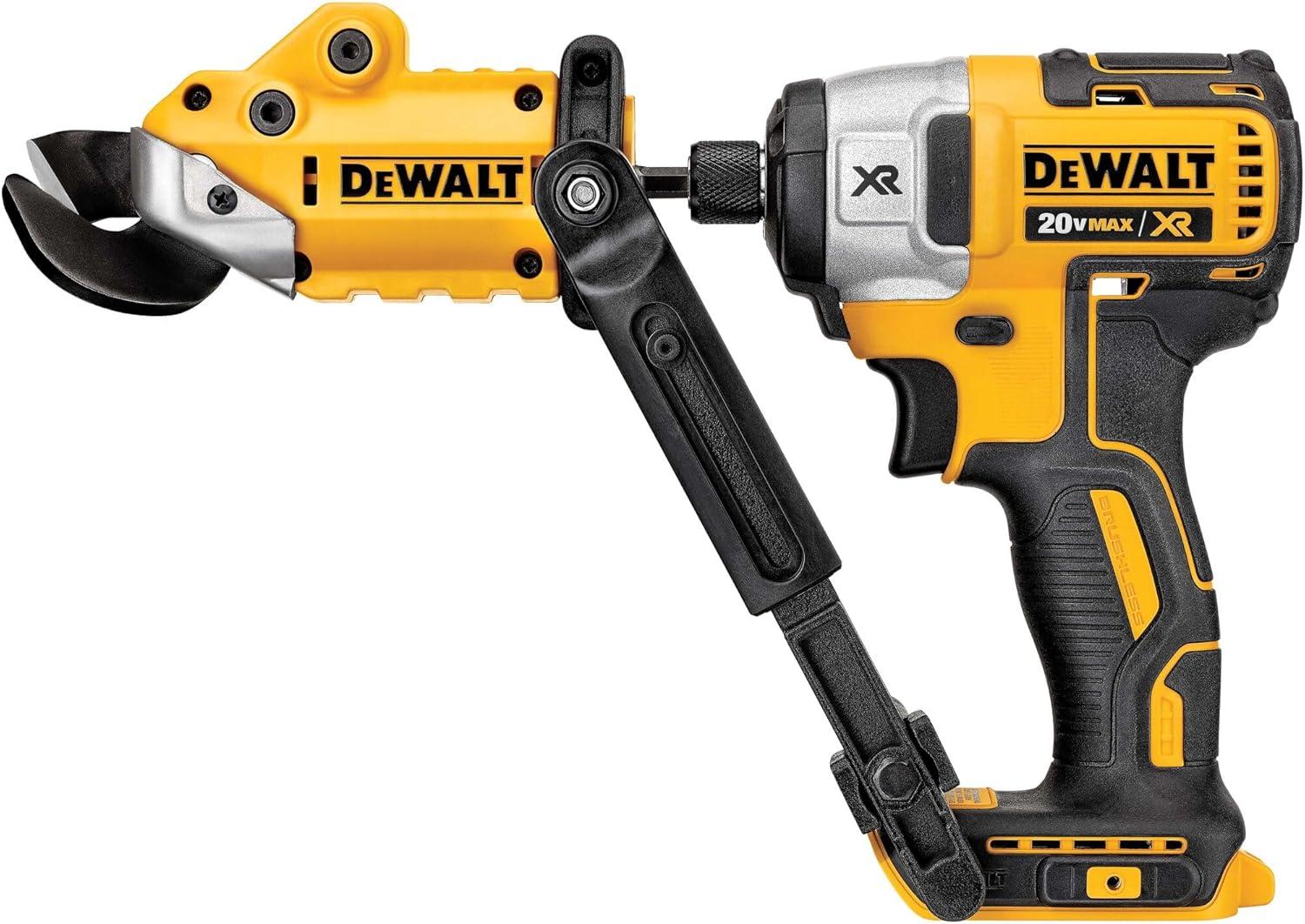 imageDEWALT Metal ShearCutter Drill Attachment Impact Ready 360 Degree Pivoting Head Cuts 18GA Material DWASHRIRYellow BlackShears Attachment