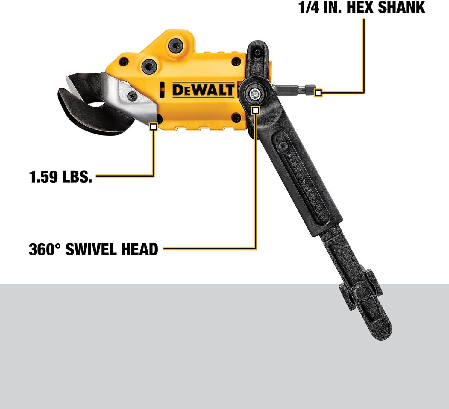 imageDEWALT Metal ShearCutter Drill Attachment Impact Ready 360 Degree Pivoting Head Cuts 18GA Material DWASHRIRYellow BlackShears Attachment