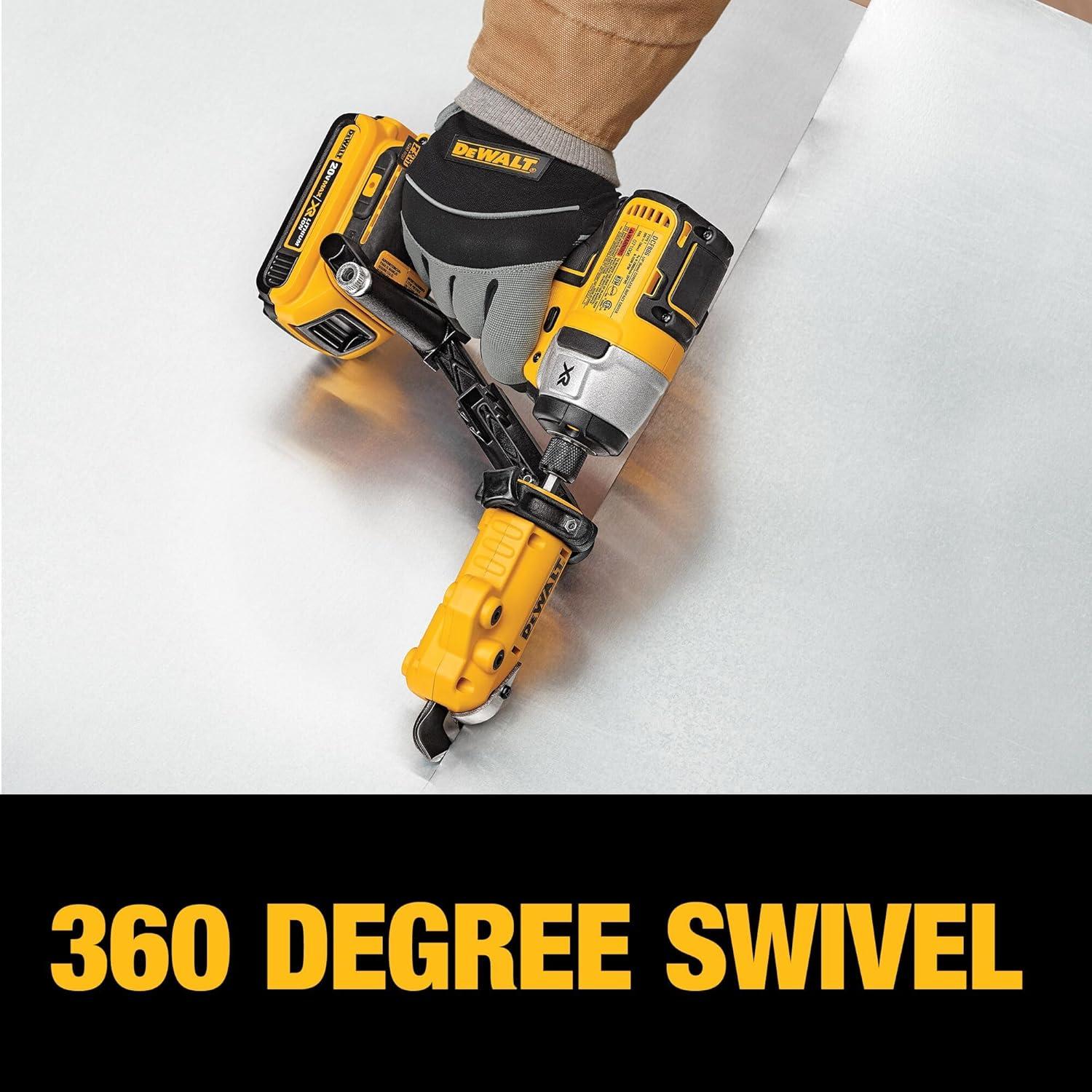 imageDEWALT Metal ShearCutter Drill Attachment Impact Ready 360 Degree Pivoting Head Cuts 18GA Material DWASHRIRYellow BlackShears Attachment