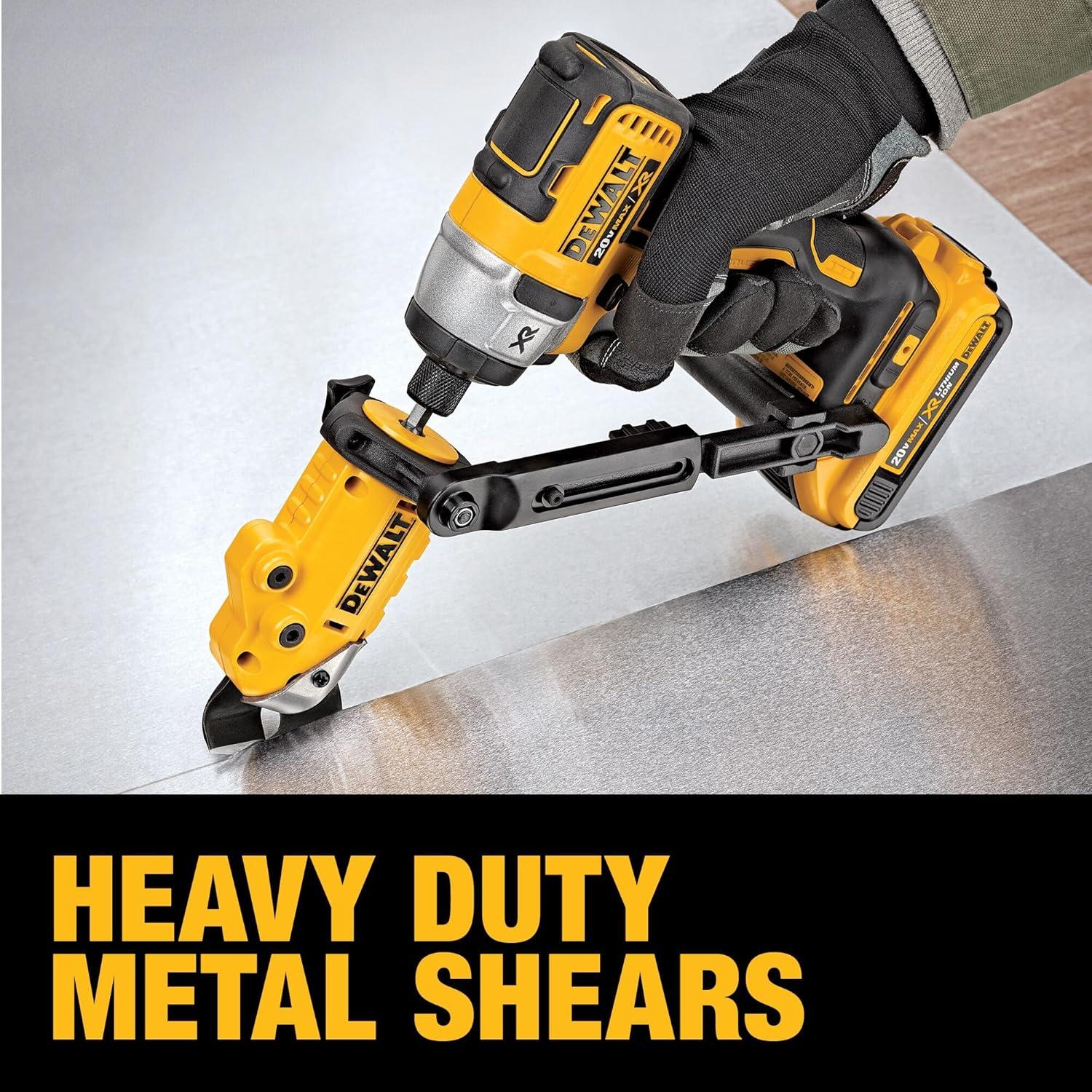 imageDEWALT Metal ShearCutter Drill Attachment Impact Ready 360 Degree Pivoting Head Cuts 18GA Material DWASHRIRYellow BlackShears Attachment