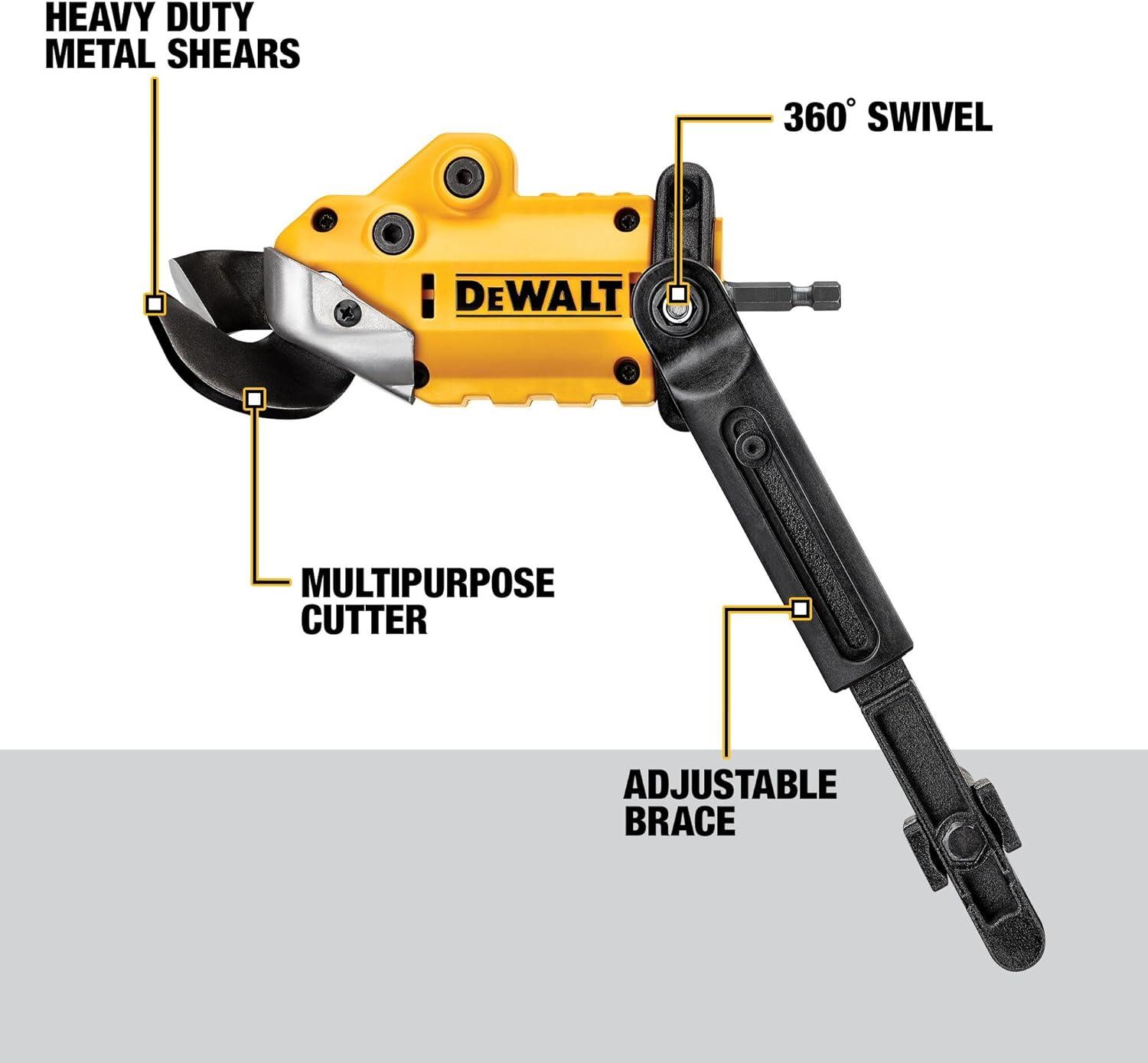 imageDEWALT Metal ShearCutter Drill Attachment Impact Ready 360 Degree Pivoting Head Cuts 18GA Material DWASHRIRYellow BlackShears Attachment