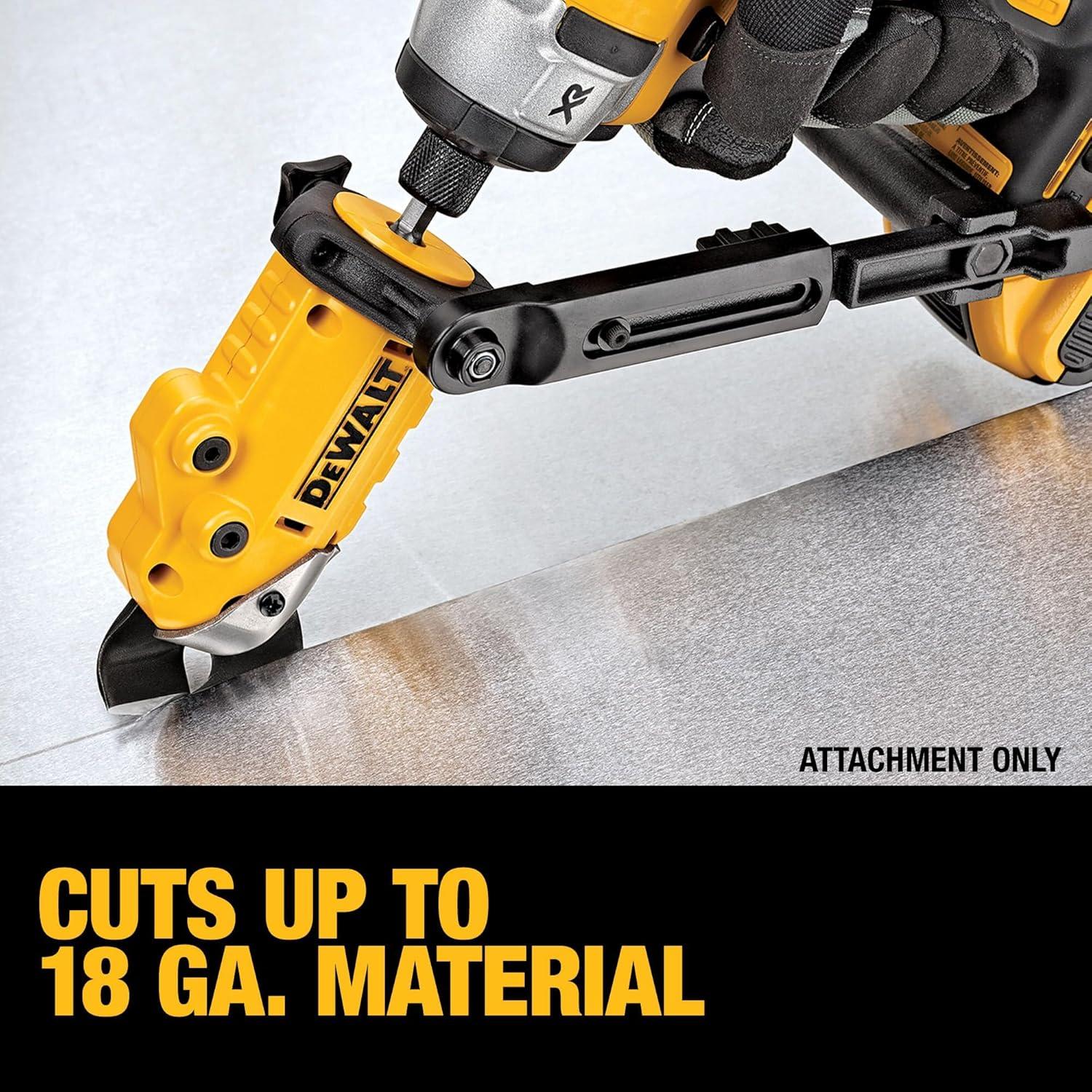 imageDEWALT Metal ShearCutter Drill Attachment Impact Ready 360 Degree Pivoting Head Cuts 18GA Material DWASHRIRYellow BlackShears Attachment
