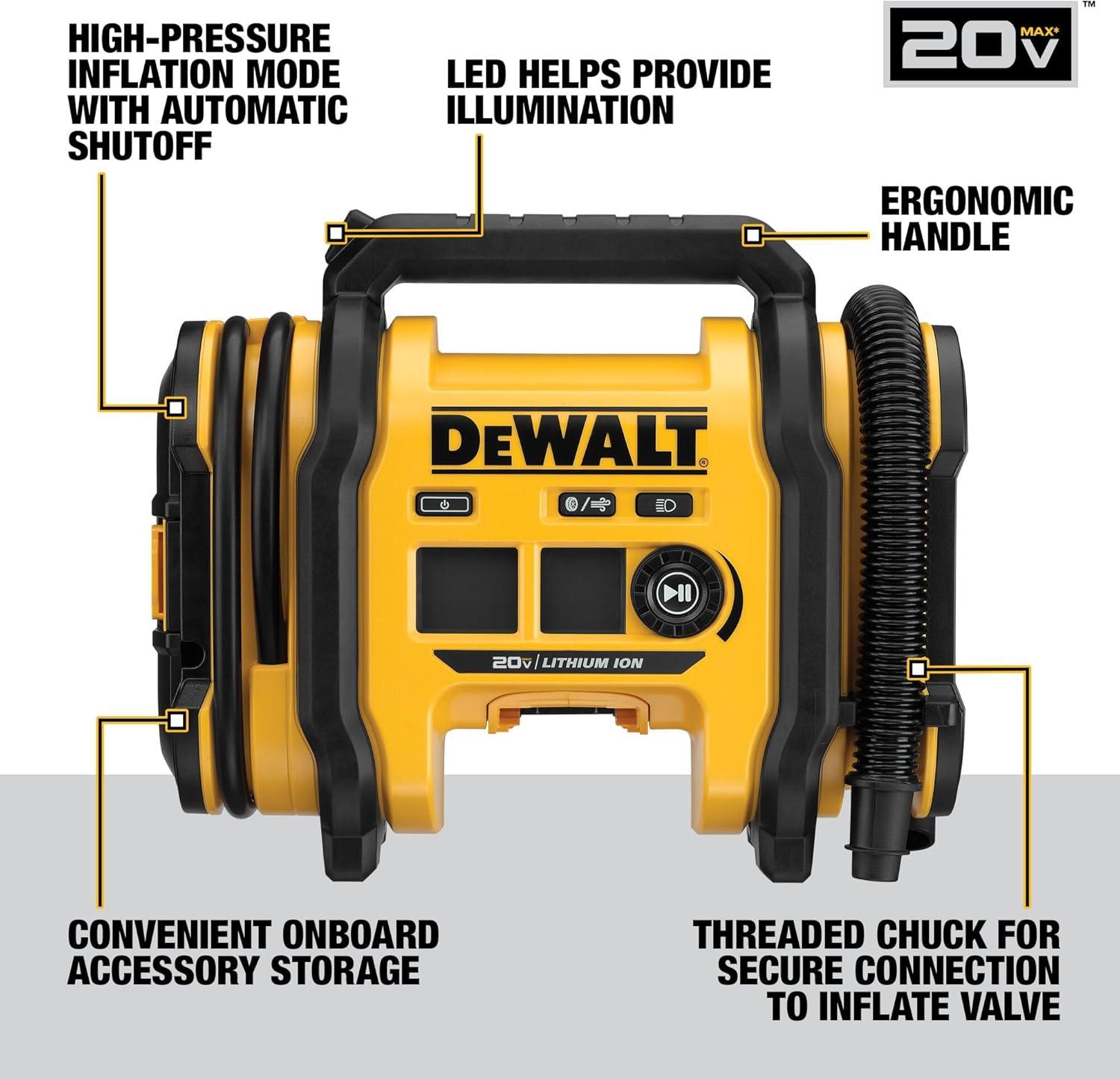 imageDEWALT Tire Inflator Portable Air Compressor 20V MAX Car Air Pump with Automatic Shut Off LED Light Tool Only DCC020IBInflator Tool Only