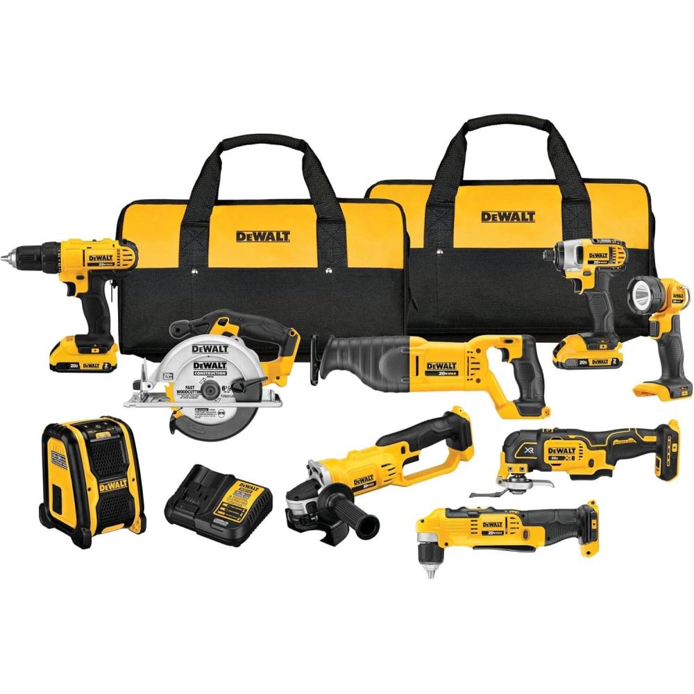imageDEWALT 20V MAX Power Tools 9 Cordless Tool Combo Impact and Drill Driver Oscillating Tool GrinderCircular and Reciprocating SawRight Angle DrillSpeakerLED Light 2 BatteriesCharger DCK940D220V 9Tool Combo Kit