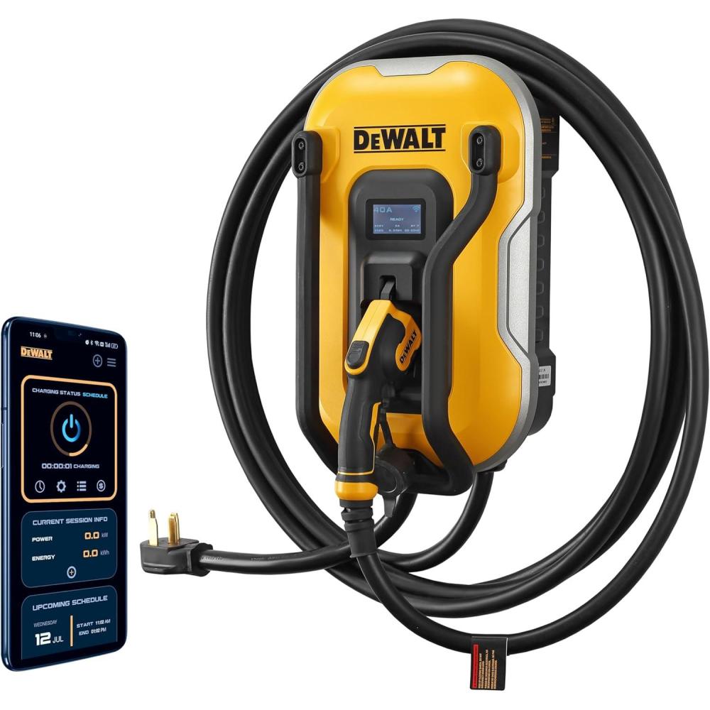 imageDEWALT Electric Vehicle Level 2 EV Charger up to 40 Amps 240V App Control Bluetooth amp WiFi CSA Certified IndoorOutdoor NEMA 1450 Plug Wall Mounted Charging Station with 25 ft Cable