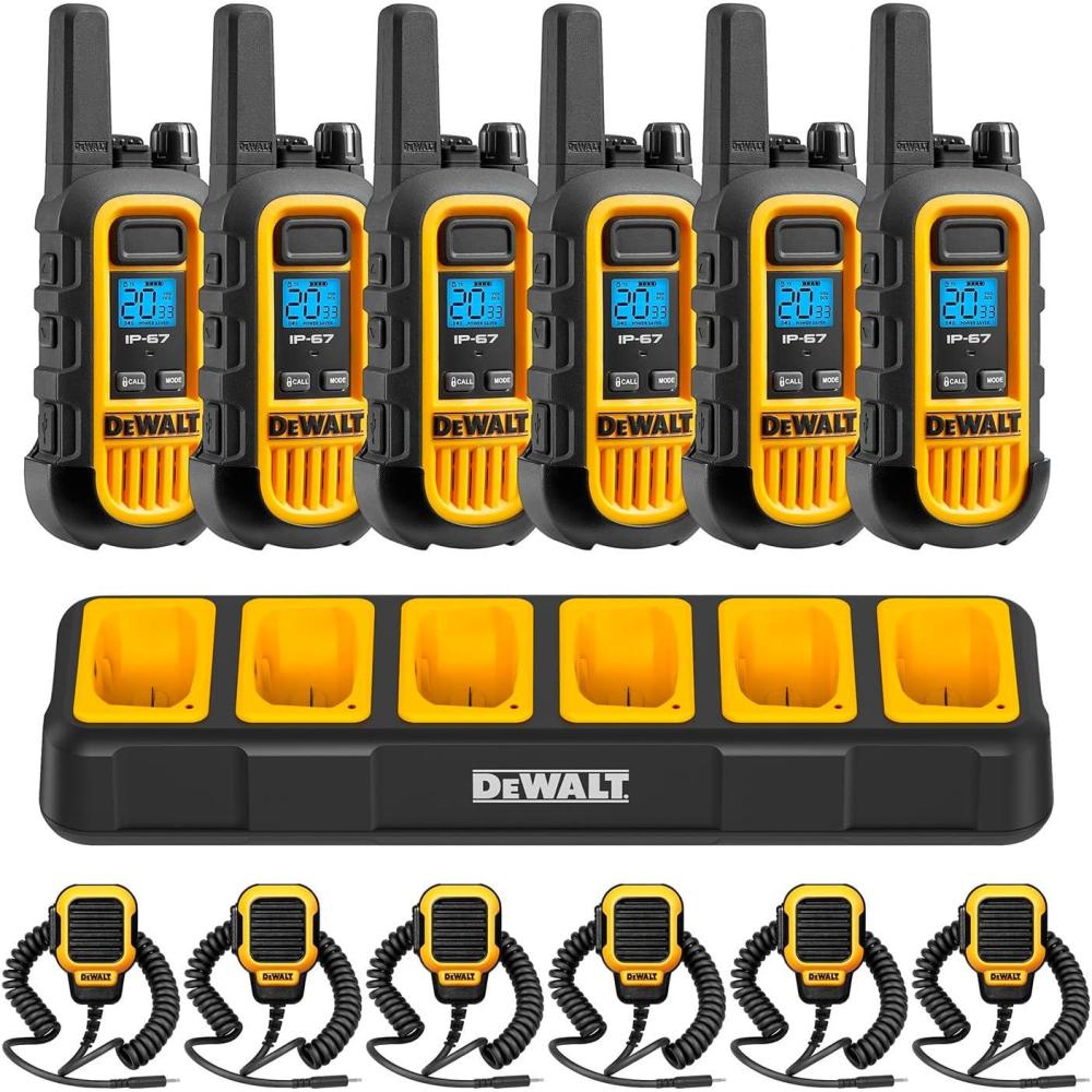 imageDEWALT DXFRS300 FRS Walkie Talkies Long Range 2 Way Radio 1 Watt Waterproof amp Rechargeable 2 Pack6 Pack with Mics  Gang Charger