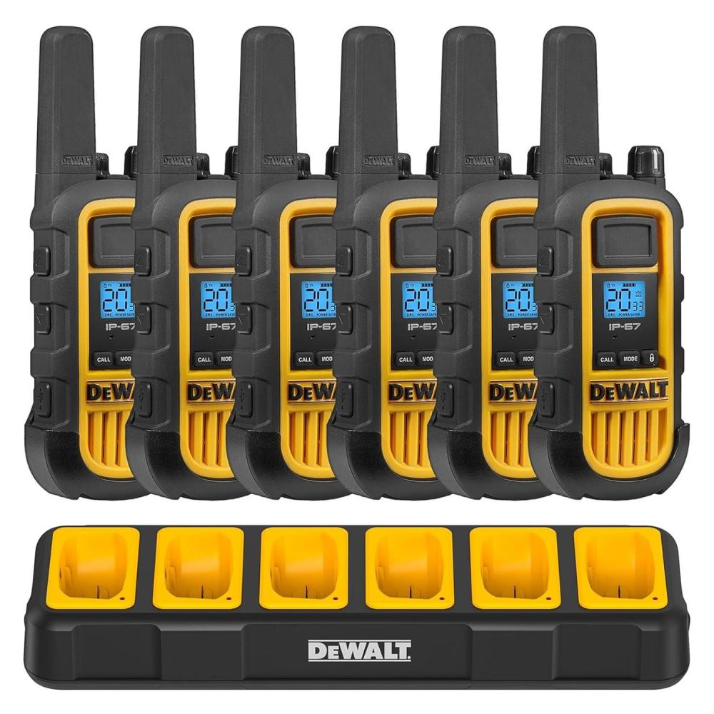 imageDEWALT DXFRS800 FRS Walkie Talkies Long Range 2 Way Radio 2 Watt Waterproof amp Rechargeable 2 Packwith Gang Chargers