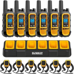 DEWALT DXFRS300 FRS Walkie Talkies Long Range 2 Way Radio, 1 Watt, Waterproof & Rechargeable, 2 Pack(6 Pack with Mics & Gang Charger)
