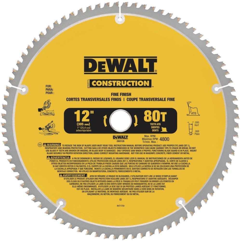 imageDEWALT 12Inch Miter Saw Blade ATB Thin Kerf Crosscutting 1Inch Arbor 80Tooth DW3128  Yellow12 in