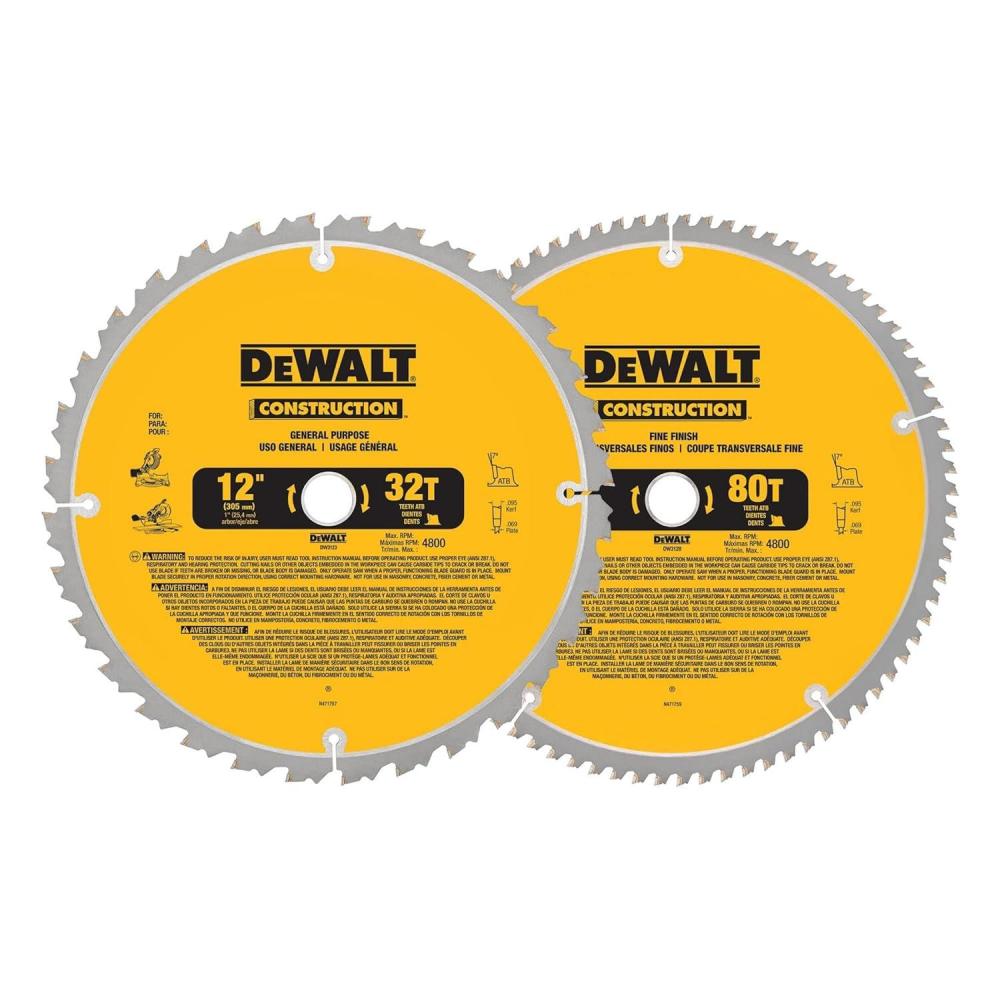 imageDEWALT 12Inch Miter Saw Blade Crosscutting Tungsten Carbide 80Tooth and 32Tooth 2Pack DW3128P5 DW3123 yellowSaw Blade 2 Pack  12 In  80T