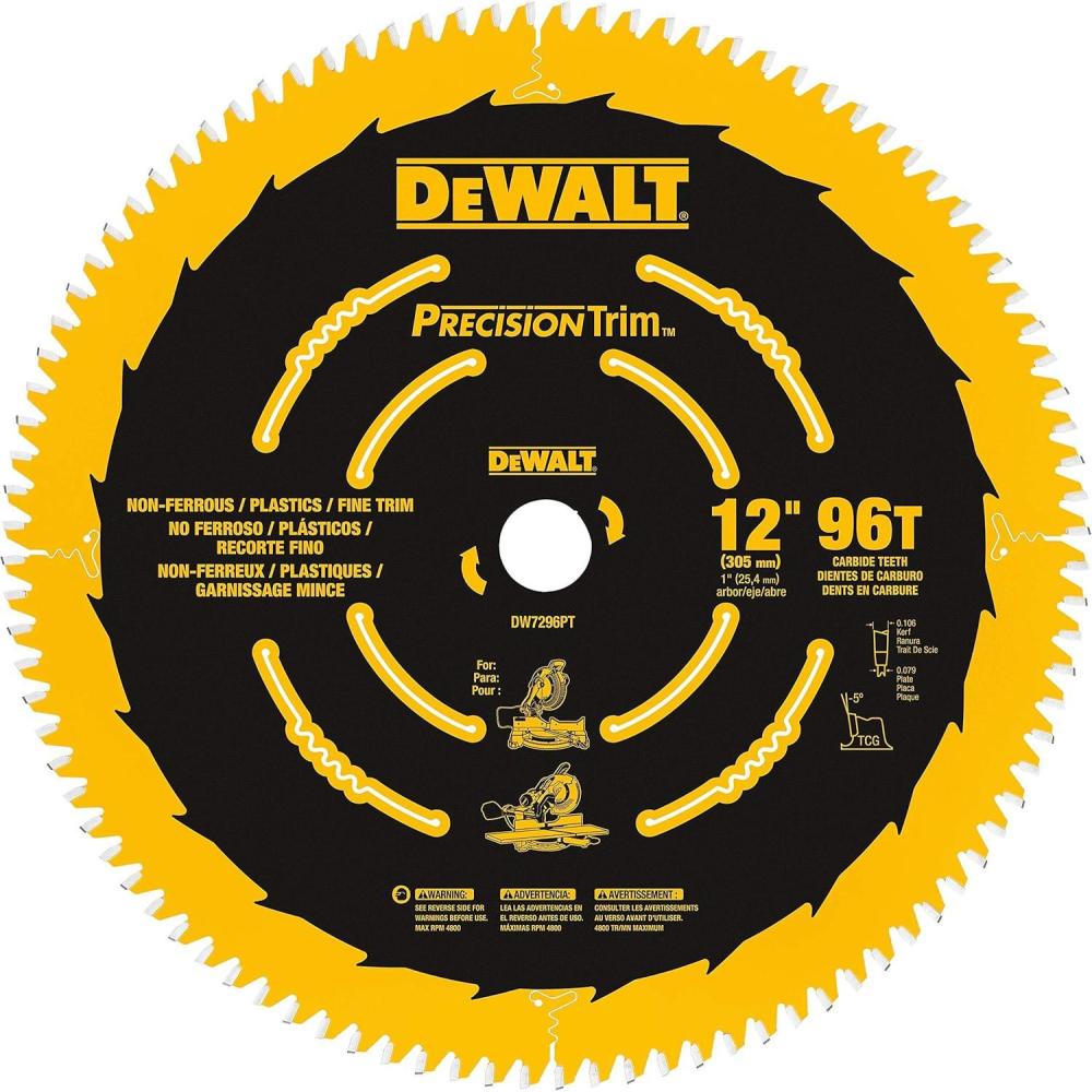 imageDEWALT 12Inch Miter Saw Blade Precision Trim ATB Crosscutting 1Inch Arbor 96 Tooth DW7296PT