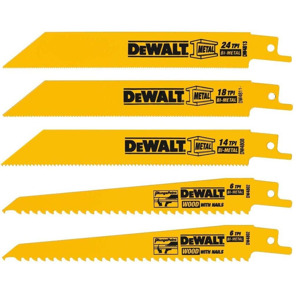 imageDEWALT Reciprocating Saw Blades Straight Back 6Inch 10 TPI 5Pack DW4806  Yellow5piece Set