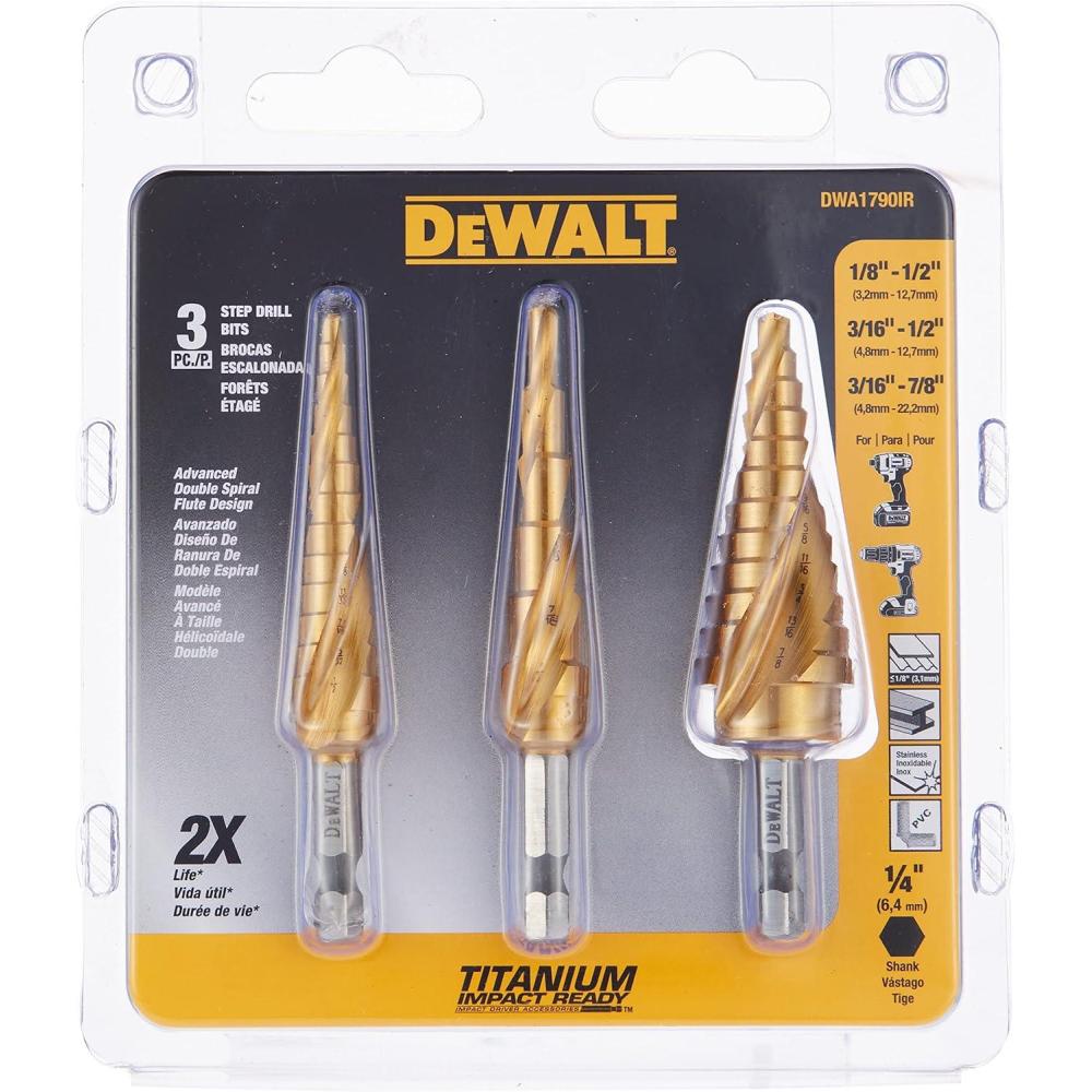 imageDEWALT Step Drill Bit Set3 Piece Titanium Nitride Coated 31 Hole Sizes 18 in to 78 in 14 in Shank Hex Size DWA1790IR