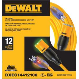 DEWALT 100 Foot Extension Cord Lighted Click-to-Lock 12/3 SJTW – Heavy Duty Outdoor, Weatherproof, Heat & Corrosion Resistant Industrial Strength Light Up Three Prong Outlet Plug Power Cord(100′)