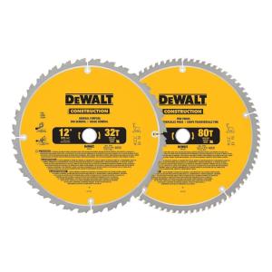 DEWALT 12-Inch Miter Saw Blade, Crosscutting, Tungsten Carbide, 80-Tooth and 32-Tooth, 2-Pack (DW3128P5, DW3123), yellow(Saw Blade 2 Pack  12 In.  80T)