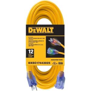 DEWALT 25 Foot 12/3 SJTW Lighted Extension Cord – Heavy Duty Outdoor, Waterproof, Weatherproof, Heat & Corrosion Resistant Industrial Strength Light Up Prong Outlet Plug Power Cord(Yellow)