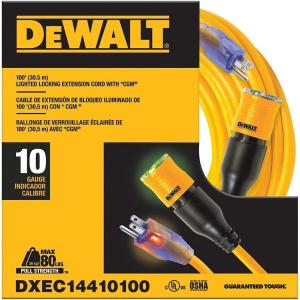 DEWALT 50 Foot Extension Cord Lighted Click-to-Lock 10/3 SJTW – Heavy Duty Outdoor, Waterproof, Weatherproof, Heat & Corrosion Resistant Industrial Strength Light Up Three Prong Outlet Plug Power Cord(100 ft)