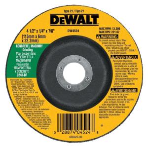 DEWALT DW4524 4-1/2-Inch by 1/4-Inch by 7/8-Inch Concrete/Masonry Grinding Wheel(1 Count (Pack of 1))