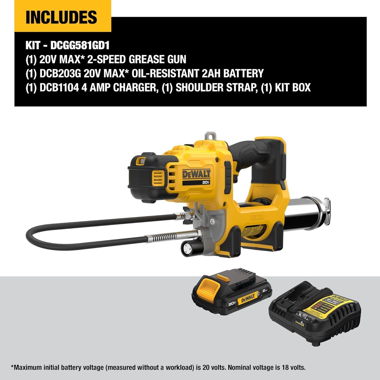 imageDEWALT Grease Gun 20V MAX 10000 PSI Variable 2Speed Cordless Grease Gun Oil Resistant Battery and Charger Included 47 Inch Hose LED Light and Kit Box DCGG581GD1