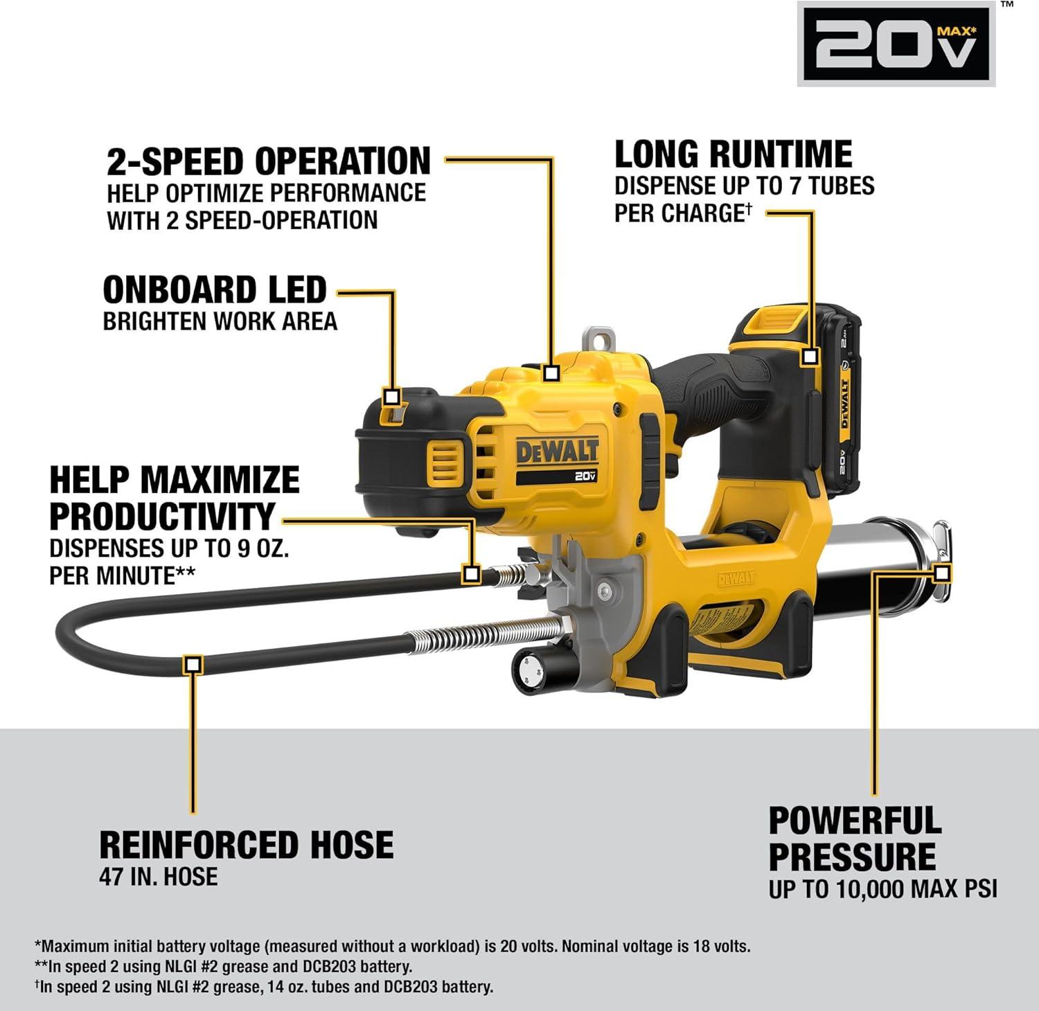 imageDEWALT Grease Gun 20V MAX 10000 PSI Variable 2Speed Cordless Grease Gun Oil Resistant Battery and Charger Included 47 Inch Hose LED Light and Kit Box DCGG581GD1