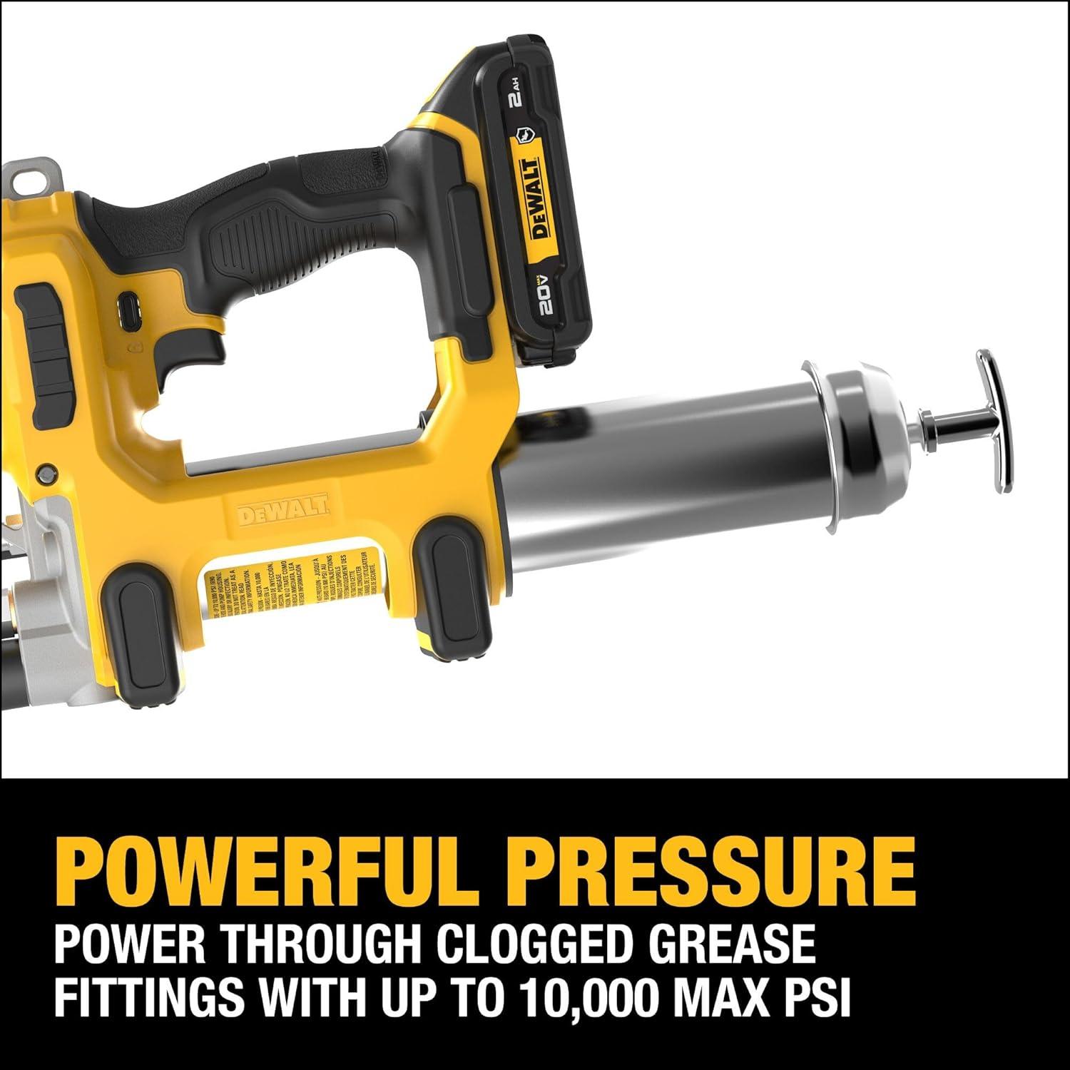 imageDEWALT Grease Gun 20V MAX 10000 PSI Variable 2Speed Cordless Grease Gun Oil Resistant Battery and Charger Included 47 Inch Hose LED Light and Kit Box DCGG581GD1