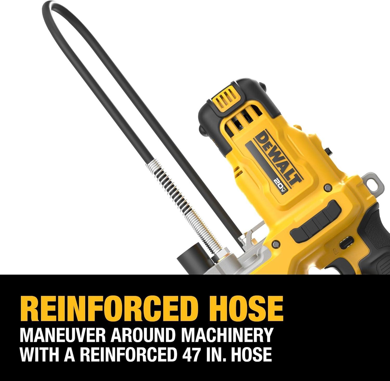 imageDEWALT Grease Gun 20V MAX 10000 PSI Variable 2Speed Cordless Grease Gun Oil Resistant Battery and Charger Included 47 Inch Hose LED Light and Kit Box DCGG581GD1
