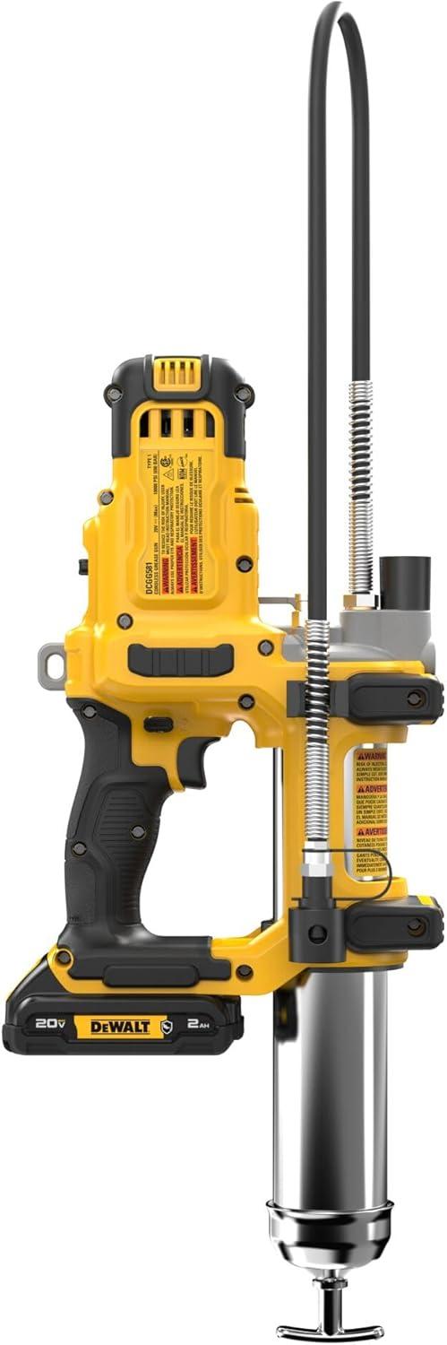 imageDEWALT Grease Gun 20V MAX 10000 PSI Variable 2Speed Cordless Grease Gun Oil Resistant Battery and Charger Included 47 Inch Hose LED Light and Kit Box DCGG581GD1