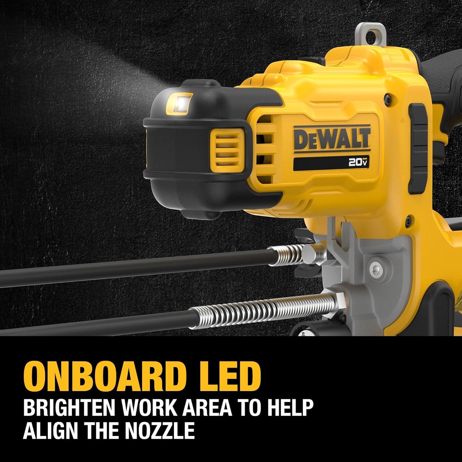 imageDEWALT Grease Gun 20V MAX 10000 PSI Variable 2Speed Cordless Grease Gun Oil Resistant Battery and Charger Included 47 Inch Hose LED Light and Kit Box DCGG581GD1