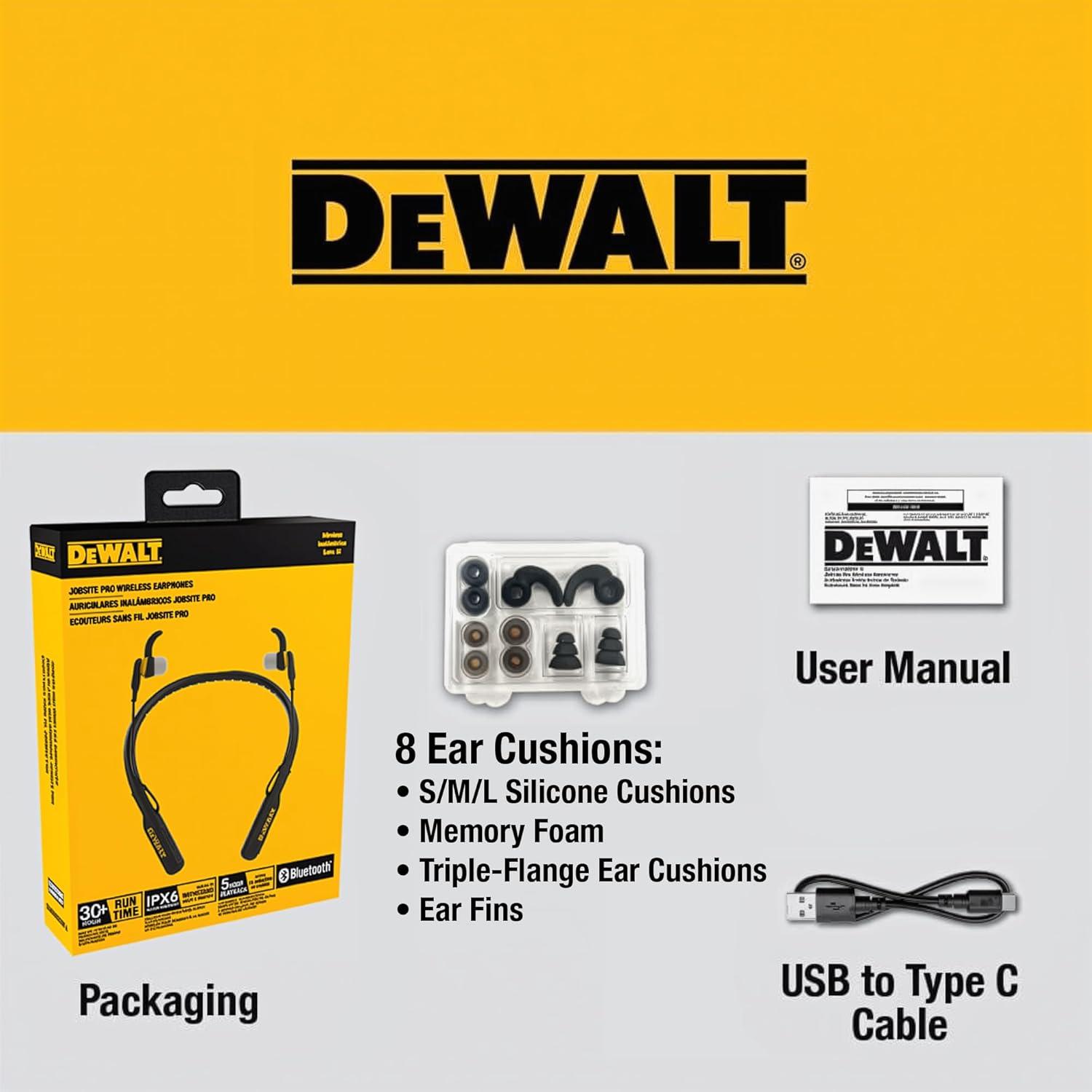 imageDEWALT Heavy Duty Bluetooth Neckband Headphones Wireless Around The Neck Earbuds w 30H Runtime Noise Isolation Secure Magnetic Wireless Earbuds Jobsite Pro Builtin Mic Bluetooth HeadsetsBlack