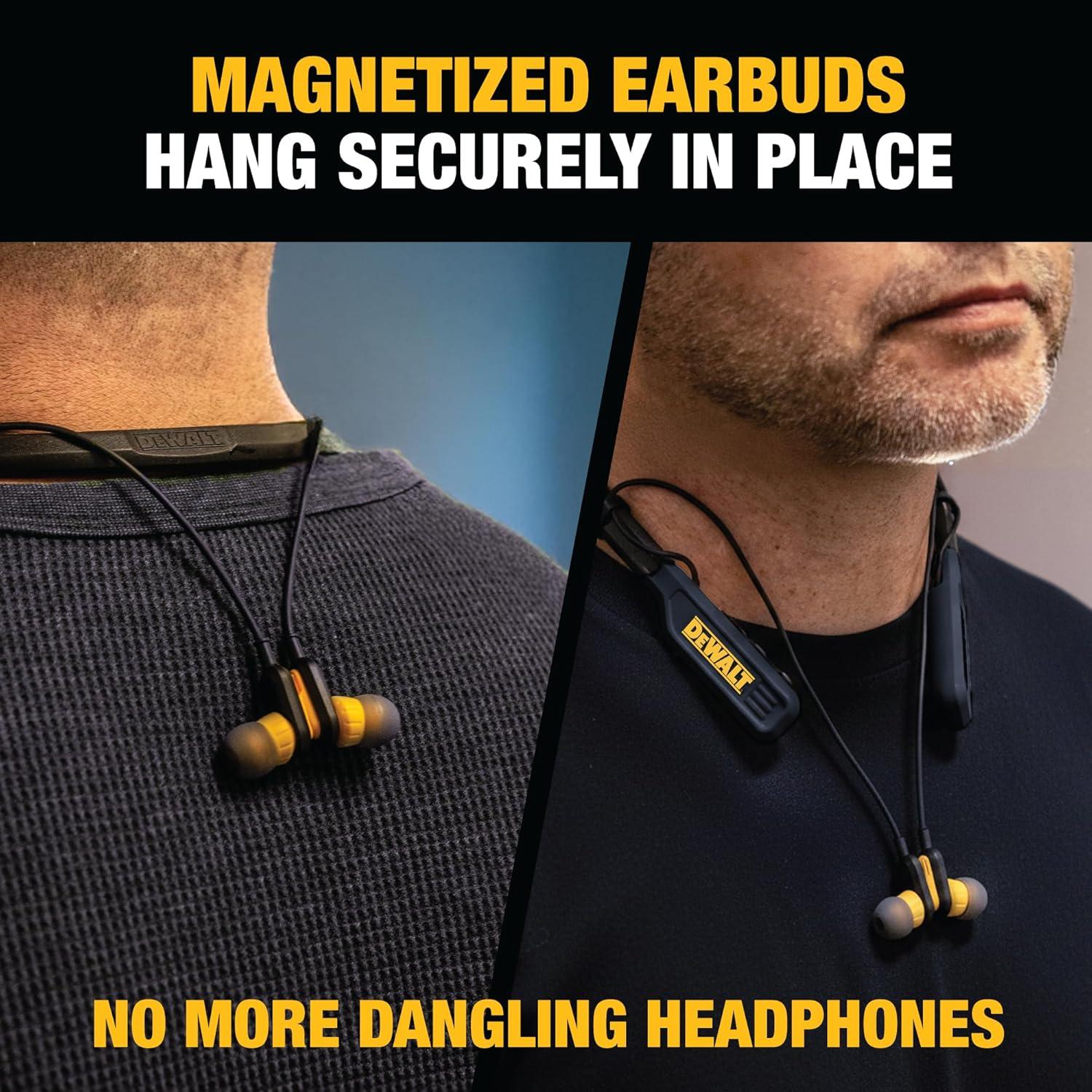 imageDEWALT Heavy Duty Bluetooth Neckband Headphones Wireless Around The Neck Earbuds w 30H Runtime Noise Isolation Secure Magnetic Wireless Earbuds Jobsite Pro Builtin Mic Bluetooth HeadsetsBlack