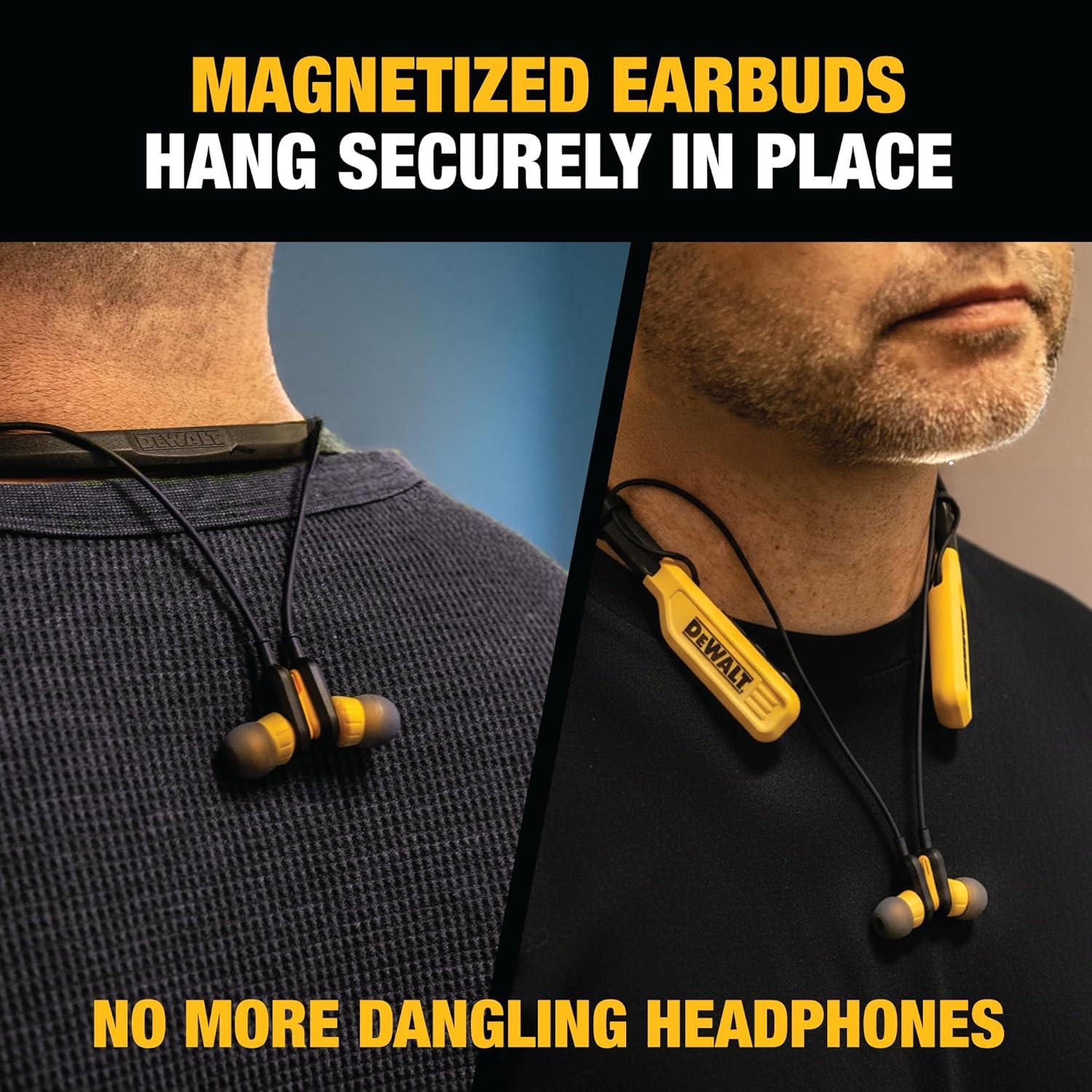 imageDEWALT Heavy Duty Bluetooth Neckband Headphones Wireless Around The Neck Earbuds w 30H Runtime Noise Isolation Secure Magnetic Wireless Earbuds Jobsite Pro Builtin Mic Bluetooth HeadsetsYellow