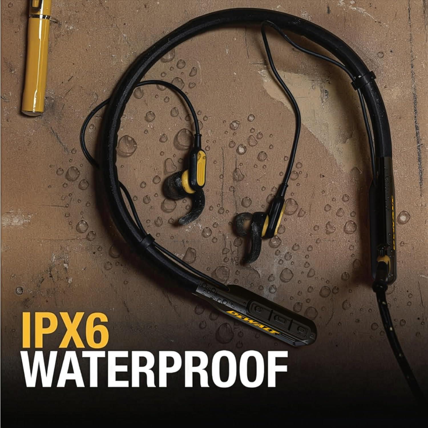 imageDEWALT Heavy Duty Bluetooth Neckband Headphones Wireless Around The Neck Earbuds w 30H Runtime Noise Isolation Secure Magnetic Wireless Earbuds Jobsite Pro Builtin Mic Bluetooth HeadsetsBlack