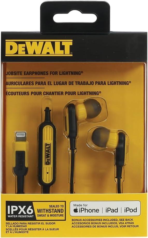 imageDEWALT Heavy Duty Earphones for Lightning Compatible wApple iPhone Headphones Wired Jobsite WaterResistant for iPhone Headphones Wired Lightning Corded Earphones for iPhones 14 and Older