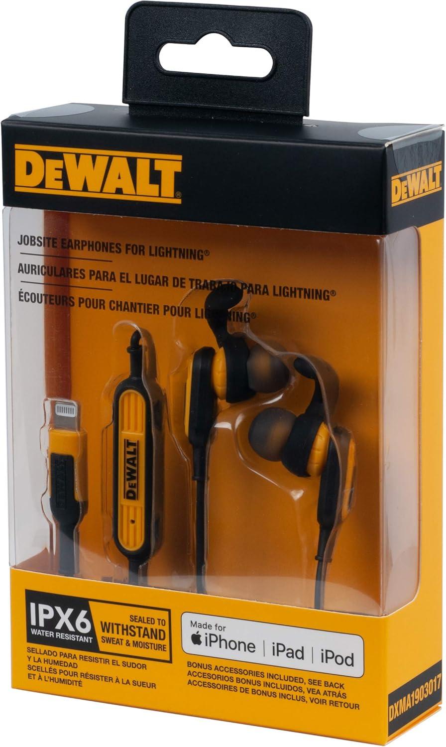imageDEWALT Heavy Duty Earphones for Lightning Compatible wApple iPhone Headphones Wired Jobsite WaterResistant for iPhone Headphones Wired Lightning Corded Earphones for iPhones 14 and Older