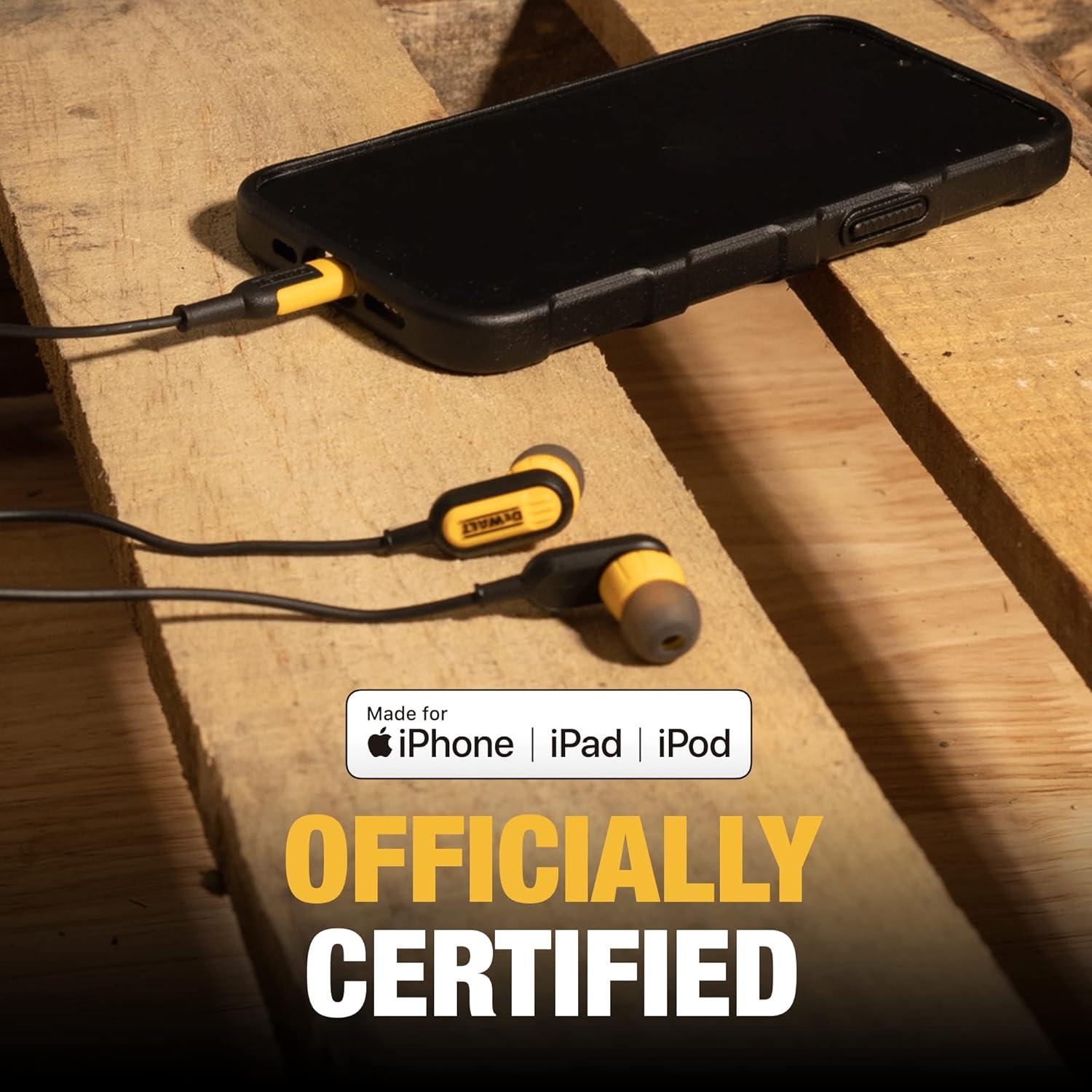 imageDEWALT Heavy Duty Earphones for Lightning Compatible wApple iPhone Headphones Wired Jobsite WaterResistant for iPhone Headphones Wired Lightning Corded Earphones for iPhones 14 and Older