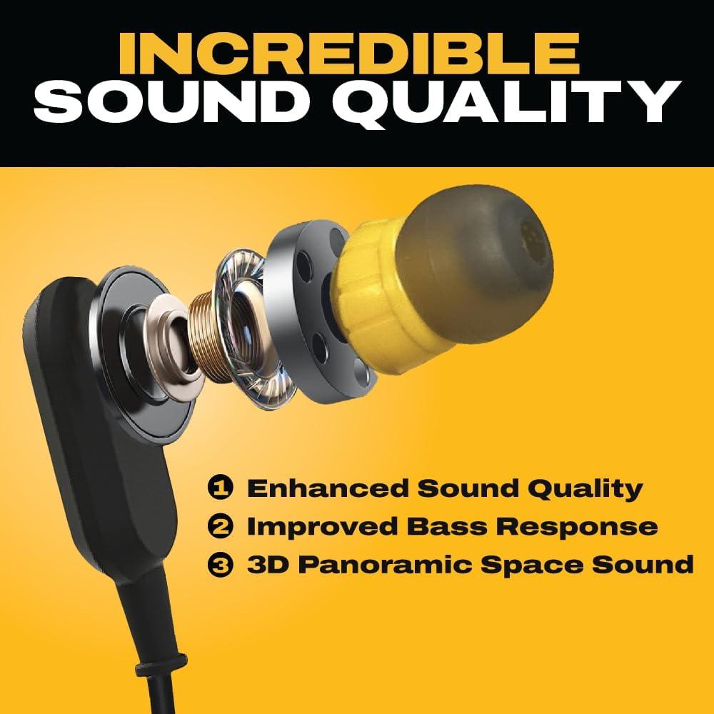 imageDEWALT Heavy Duty Neckband Bluetooth Earbuds Wireless Bluetooth 52 Headphones wMicrophone Lightweight Comfort IP56 Waterproof Deep Bass Strong Beat 20H Playtime Jobsite BehindNeck EarphonesBlack