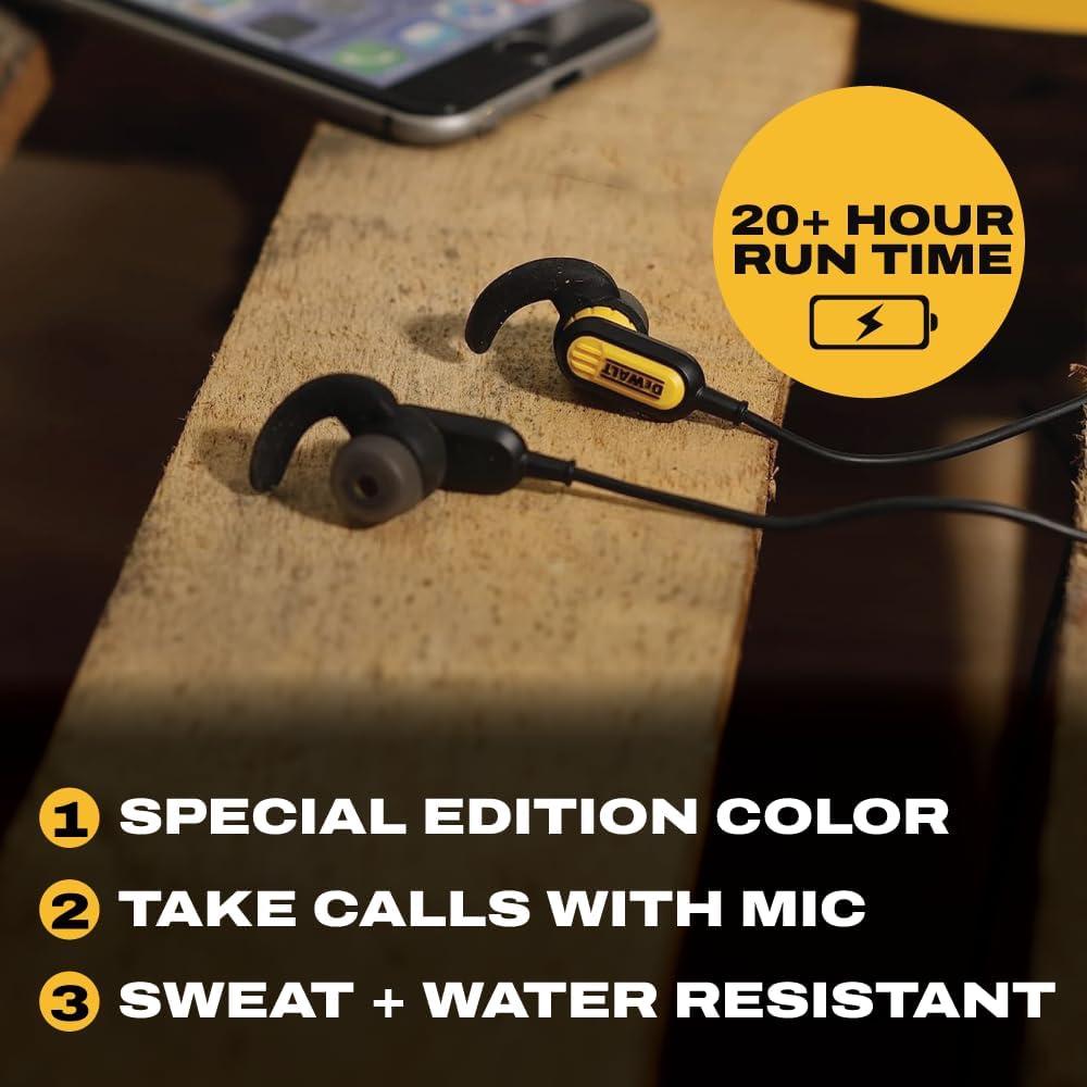 imageDEWALT Heavy Duty Neckband Bluetooth Earbuds Wireless Bluetooth 52 Headphones wMicrophone Lightweight Comfort IP56 Waterproof Deep Bass Strong Beat 20H Playtime Jobsite BehindNeck EarphonesBlack