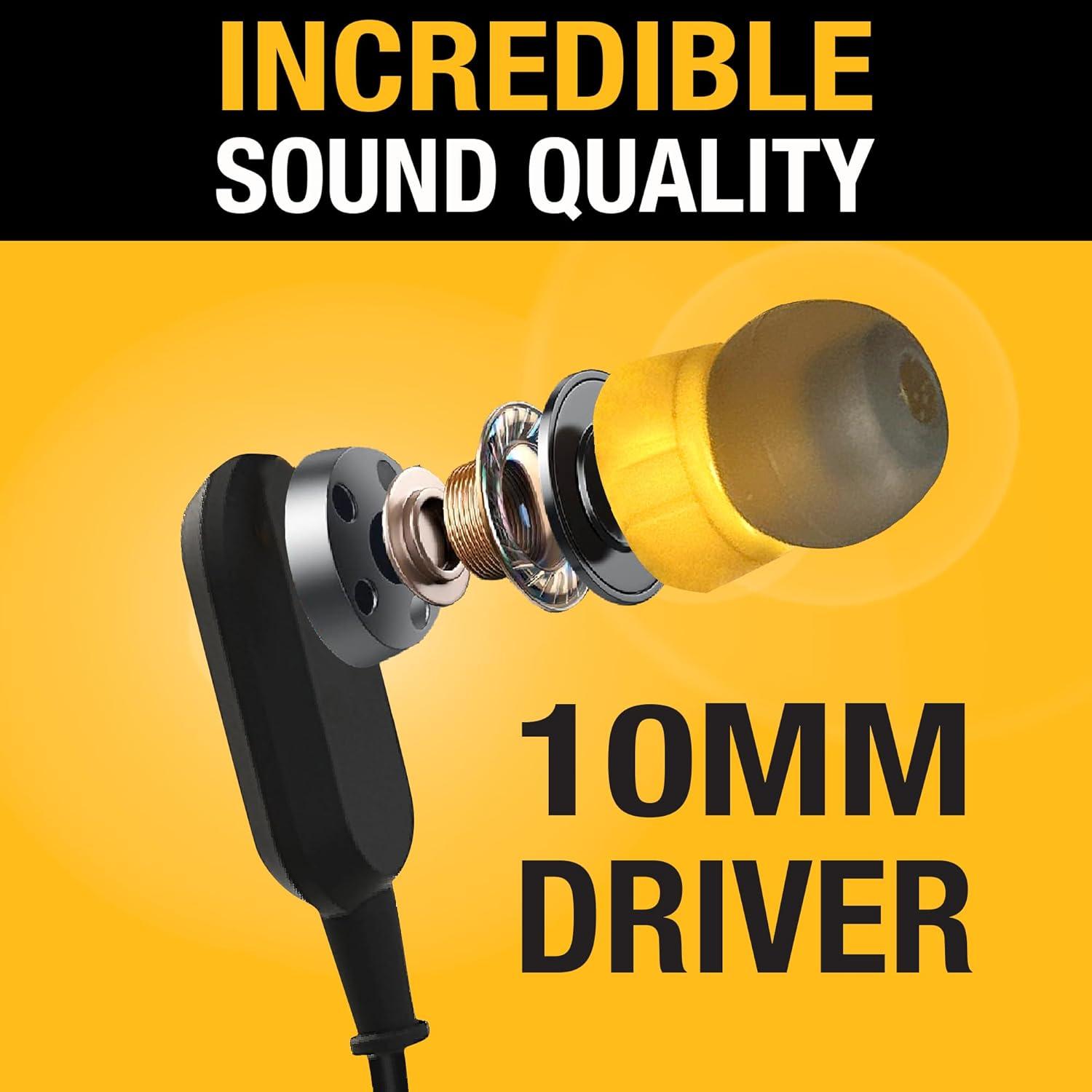 imageDEWALT Heavy Duty Neckband Bluetooth Earbuds Wireless Bluetooth 52 Headphones wMicrophone Lightweight Comfort IP56 Waterproof Deep Bass Strong Beat 20H Playtime Jobsite BehindNeck EarphonesYellow