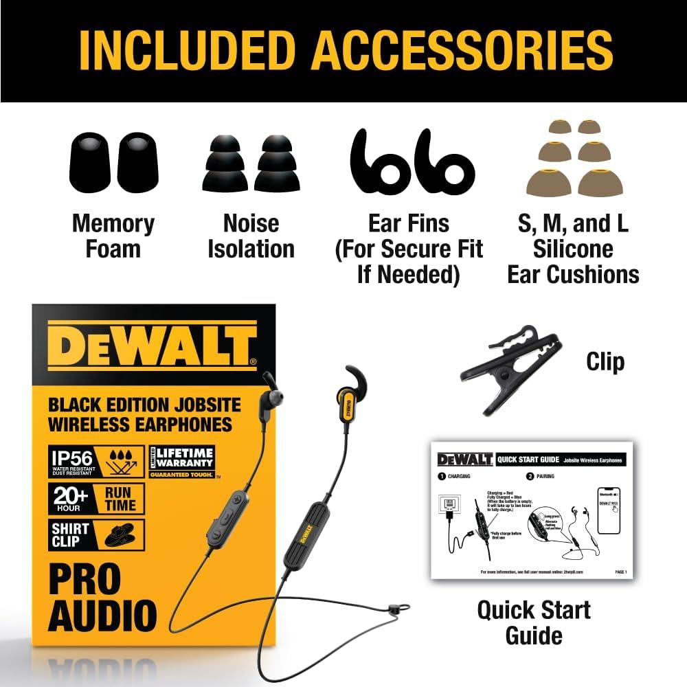 imageDEWALT Heavy Duty Neckband Bluetooth Earbuds Wireless Bluetooth 52 Headphones wMicrophone Lightweight Comfort IP56 Waterproof Deep Bass Strong Beat 20H Playtime Jobsite BehindNeck EarphonesYellow