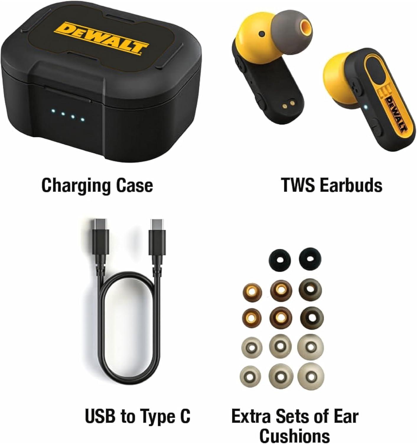 imageDEWALT Heavy Duty True Wireless Ear Buds Bluetooth Headphones with Type C Charging Case Included Over 37 Hours of Battery Life Easy Setup for iPhone Perfect for Jobsite Outdoor Work YellowBlack