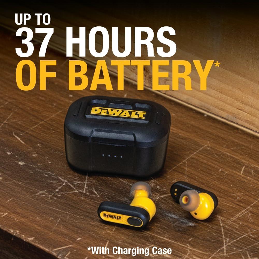 imageDEWALT Heavy Duty True Wireless Ear Buds Bluetooth Headphones with Type C Charging Case Included Over 37 Hours of Battery Life Easy Setup for iPhone Perfect for Jobsite Outdoor Work YellowBlack