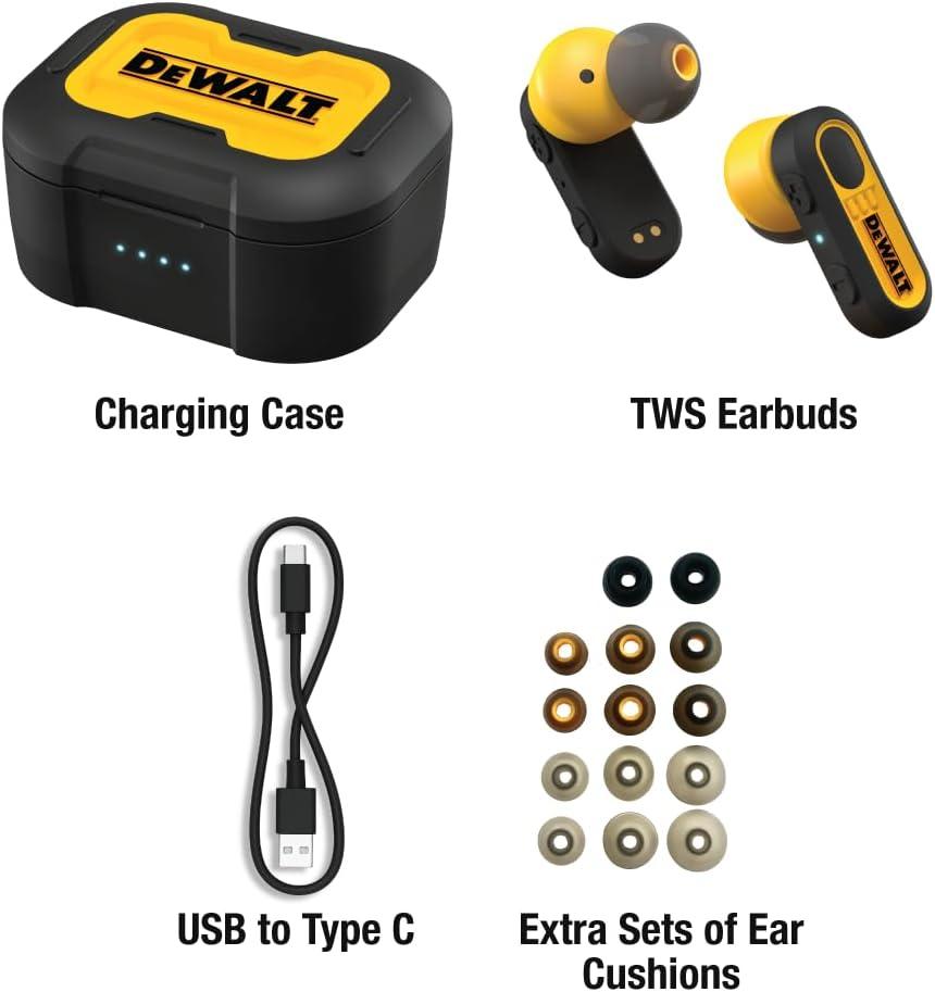 imageDEWALT Heavy Duty True Wireless Ear Buds Bluetooth Headphones with Type C Charging Case Included Over 37 Hours of Battery Life Easy Setup for iPhone Perfect for Jobsite Outdoor Work YellowYellow