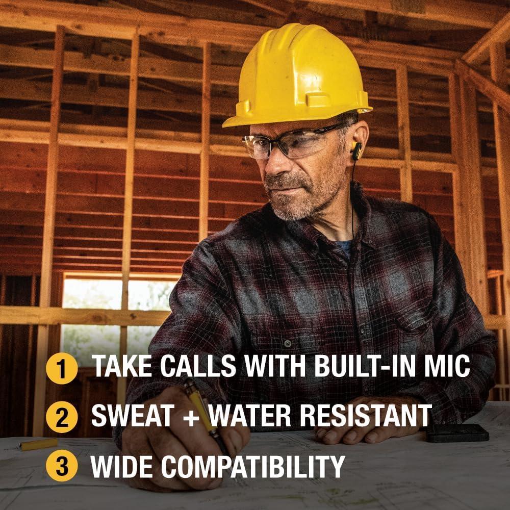imageDEWALT Heavy Duty Wired Earphones with Microphone Jobsite Earbuds Wired 35mm WaterResistant 35mm Earbuds with Mic Connected Headphones for Outdoor WorkUSB C Headphones