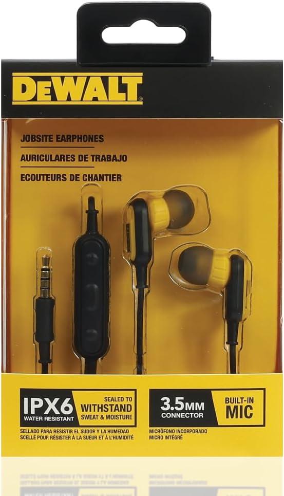 imageDEWALT Heavy Duty Wired Earphones with Microphone Jobsite Earbuds Wired 35mm WaterResistant 35mm Earbuds with Mic Connected Headphones for Outdoor Work355mm Headphones